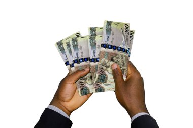 Black Hands in suit holding 3D rendered Botswanan Pula notes