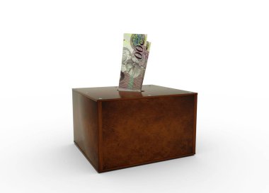 Botswanan Pula tahtadan tasarruf kutusuna notlar yazıyor. Genel Tasarruf Bankası, Penny Bankası, Para Kutusu. 3d oluşturma