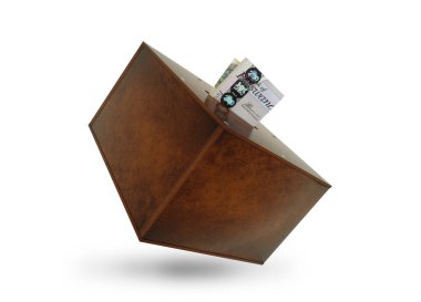Botswanan Pula tahtadan tasarruf kutusuna notlar yazıyor. Genel Tasarruf Bankası, Penny Bankası, Para Kutusu. 3d oluşturma