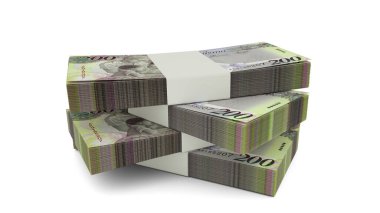 Botswanan Pula notlarının 3D kopyası. Beyaz arkaplanda çok az miktarda Botswanan para birimi izole edildi