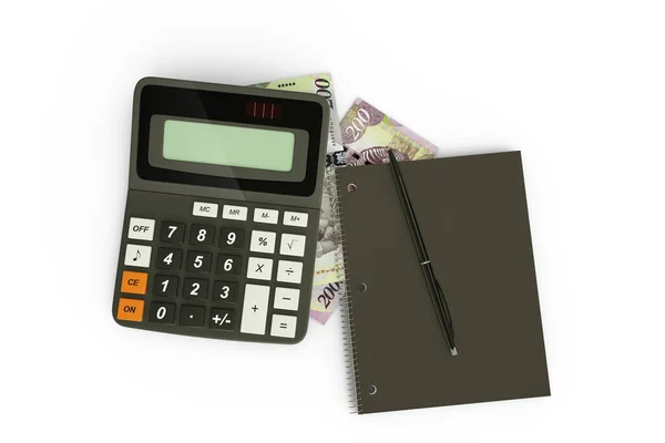 Rendering Composition Botswanan Pula Notes Calculator Note Book Pen Isolated — Stock Photo, Image
