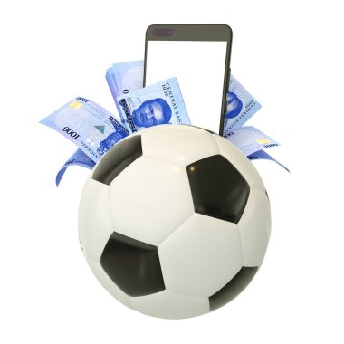 3d rendering of Nigerian naira notes and phone behind soccer ball. Sports betting, soccer betting concept isolated on white background. mockup