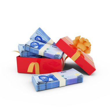 Kırmızı bir hediye kutusunun içinde bir yığın Nijerya nairası var. Bir hediye kutusunda Nijerya nairası demetleri. Kutunun içindeki paranın 3d görüntülenmesi beyaz arkaplan üzerinde izole edildi