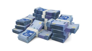 Bir yığın 1000 Nijeryalı Naira notu. Banknotların 3B görüntülenmesi