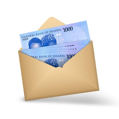 Nijerya naira notları açık kahverengi bir zarfın içinde. Açık bir zarfta üç boyutlu para illüstrasyonu