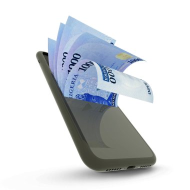 Nijerya naira notlarının bir cep telefonunda 3 boyutlu görüntülenmesi. Cep telefonundan para geliyor.