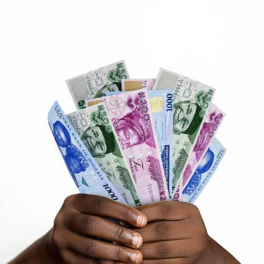 Siyah eller yeni 3 boyutlu Nijerya naira notaları tutuyor. Çeşitli Nijerya para birimi notlarını tutan Eller 'e yakın çekim