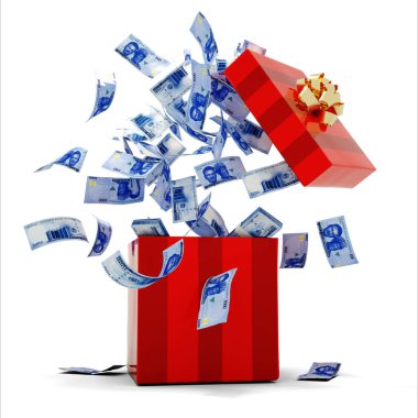 Açılan kırmızı hediye kutusundan bir sürü Nijerya 'nın yeni Naira notlarının 3 boyutlu yorumlanması