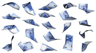 Beyaz arka planda izole edilmiş farklı açılardan ve yönlerden uçan 1000 Nijeryalı naira notasının 3D görüntülenmesi