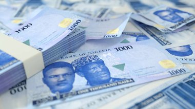 Masaya yayılmış yeni 1000 Nijerya naira banknotunu kapatın. 3D para yüzeye saçıldı