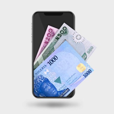 Nijerya naira notlarının cep telefonuna 3d İllüstrasyonu