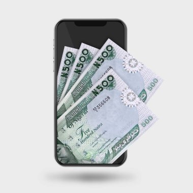 Cep telefonunun içindeki 100 Nijeryalı naira notasının 3d Görünümü