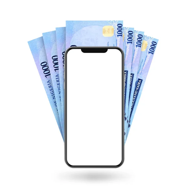 stock image 3d Illustration of Nigerian naira notes behind mobile phone