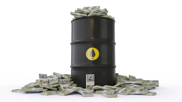 Montones Billetes Dólar Estadounidense Dentro Barril Petróleo Negro Aislado Sobre — Foto de Stock