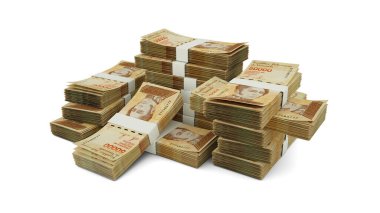 Bir yığın Venezuela Bolivar notu. Banknotların 3B görüntülenmesi