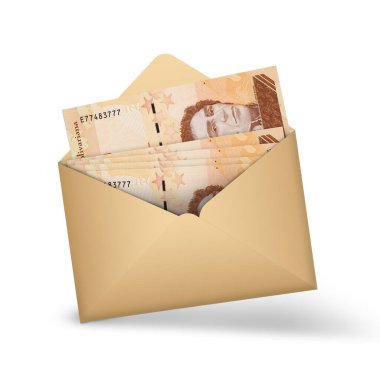 Venezuela Bolivar açık kahverengi bir zarfın içine notlar yazar. Açık bir zarfta üç boyutlu para illüstrasyonu
