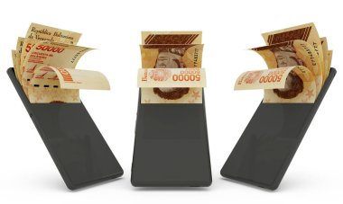 Venezuela Bolivar cep telefonunun içine not tutuyor. Para cep telefonundan geliyor. Mobil para aktarım konseptlerinin 3D sunumu. Telefondan para