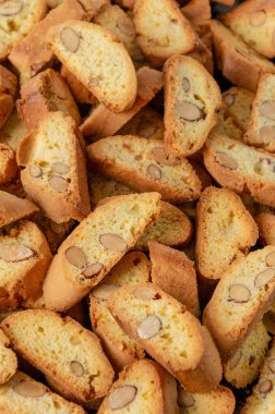 Traditional Italian cantuccini cookies with almonds. Food background. Top view
