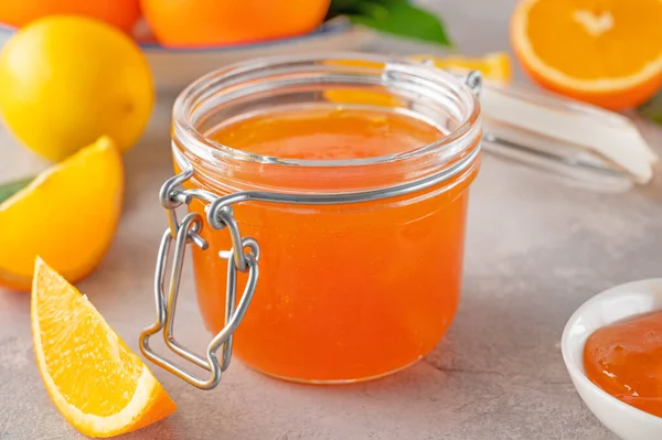 Orange Marmalade Orange Jam Pot Fresh Fruits Gray Background Copy — Stock Photo, Image