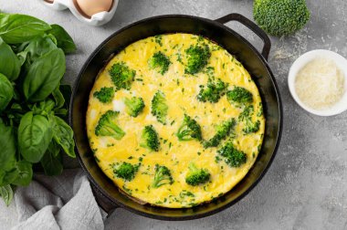 Brokoli, peynir ve taze fesleğenli omlet. Koyu renk dökme demir tavada, gri beton arka planda. Sağlıklı kahvaltı.