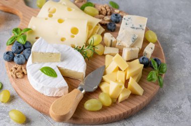 Çeşit çeşit peynirli peynir tabağı, bal, üzüm, fındık, zeytin, yaban mersini ve çimento arka planda taze otlar. Atıştırmalık şenlik. Üst görünüm, alanı kopyala.