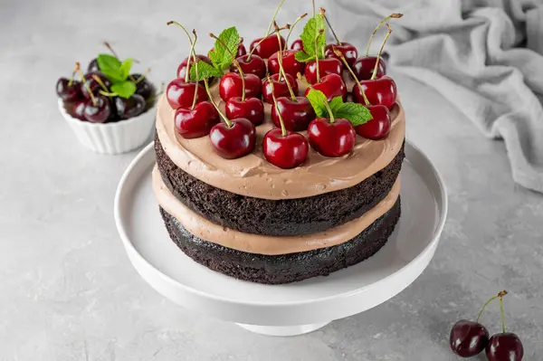 Naked Black forest cake, Schwarzwald pie. Cake with dark chocolate, cream and cherry on a gray concrete background. Copy space.