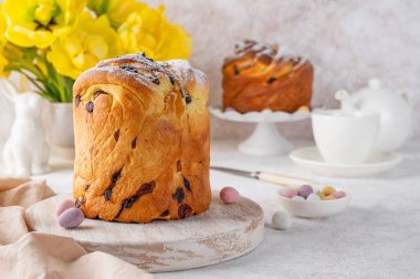 Paskalya kompozisyonu. Geleneksel Paskalya Ekmeği - Paska, Cruffin, Kraffin veya Kulich çikolatalı ve şekerli meyveli çimento arka planda. Seçici odak