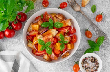 Geleneksel İtalyan domates salatası panzanella ile kırmızı soğan, taze fesleğen ve kızarmış ekmek. Yaz salatası