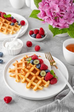 Krem şantili lezzetli Belçika Waffle 'ı, taze böğürtlen ve gri beton arka planda beyaz bir tabakta nane şekeri. Yaz kahvaltısı