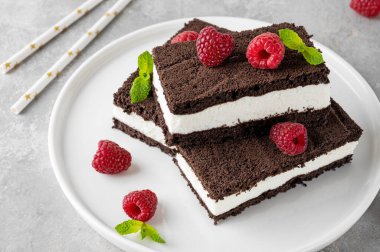 Süt kremalı çikolatalı kek beyaz bir tabağa taze ahududu ve naneli süt şişeleriyle doluyor. Lezzetli tatlı. Boşluğu kopyala