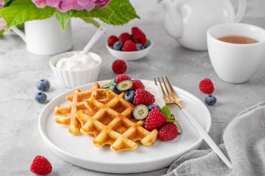 Krem şantili lezzetli Belçika Waffle 'ı, taze böğürtlen ve gri beton arka planda beyaz bir tabakta nane şekeri. Yaz kahvaltısı