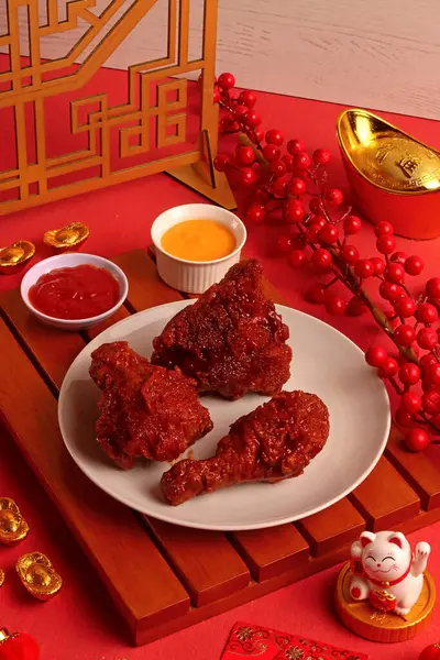 Çin Yeni Yılı. Kızarmış tavuk, çıtır çıtır. Kızarmış et lokantası.