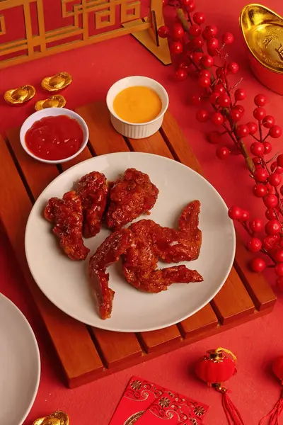 Çin Yeni Yılı. Kızarmış tavuk, çıtır çıtır. Kızarmış et lokantası.