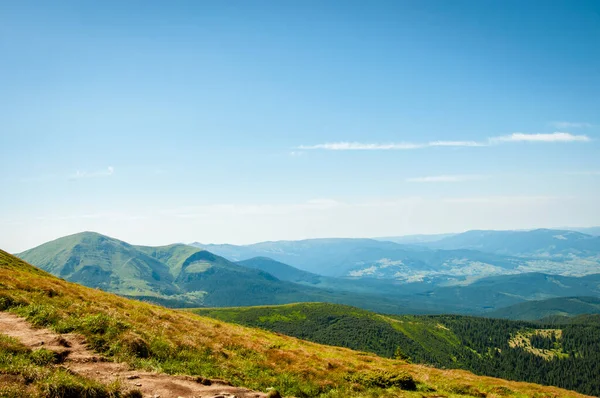 stock image summer landscape, green peaks of mountain hills against the background of the morning blue sky