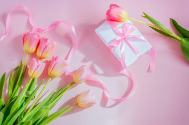 Pembe arkaplanda uzun pembe kurdeleli ve laleli bir hediye. Yüksek kalite fotoğraf