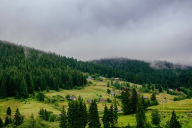 Dağ vadisinde bulutlu bir hava, sis, alacakaranlık. Yüksek kalite fotoğraf
