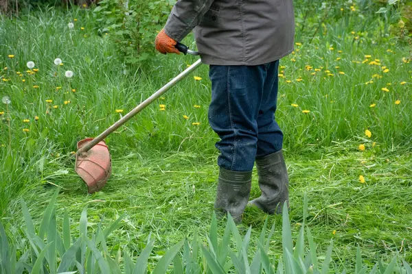 Bahçedeki adam çim biçme makinesiyle çim biçiyor, bahçe bakımı yapıyor. Yüksek kalite fotoğraf