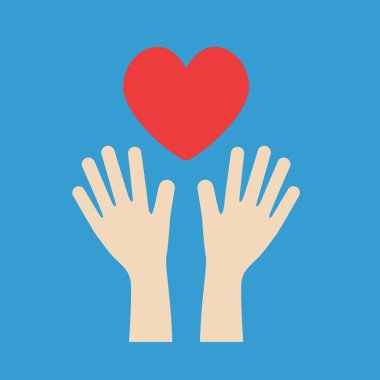 Eller ve büyük kırmızı kalp mavi arka plan