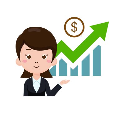 Kadın işadamı resmi giysileri iş karının yükselen grafik ekonomisi hakkında sunum yapıyor