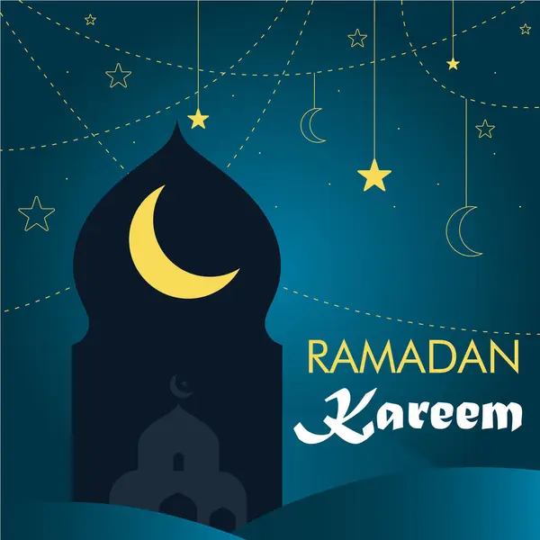 拉马丹 卡里姆背景伊斯兰贺卡 天上挂着月亮星灯笼清真寺 — 图库矢量图片