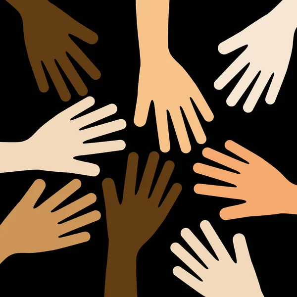 Hands Diversity Muticolor Multiethnic Together Black Background — Stock Vector