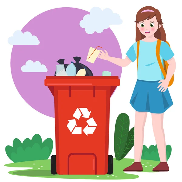 Παιδί Μαθήτρια Έβαλε Σκουπίδια Κάδο Ανακύκλωσης Σκουπιδοτενεκέ Πράσινη — Διανυσματικό Αρχείο