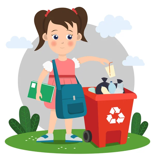 Dziecko Mała Dziewczynka Umieścić Śmieci Kosza Śmieci Śmieci Zielona Ziemia — Wektor stockowy