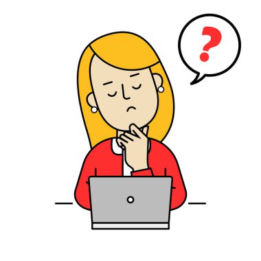 Bir kadın, yarı vücut, dizüstü bilgisayarın önünde oturuyor, çalışıyor, bir şeyler soruyor, soru soruyor, web sitesi, online iş, düz tasarım tarzı, renkli, özet çizim.