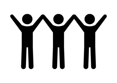 Ayakta duran bir grup insan ellerini kaldırıyor ve el ele tutuşuyorlar. 3 adam el ele tutuşuyor.
