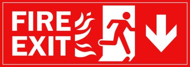 Bir Adam Yangın Kapısı İşaretine Koştu. Ok, Yangın Acil Tahliyesi Kırmızı Sembol 'ü sembolize eden sağ aşağı yönünü gösterdi.