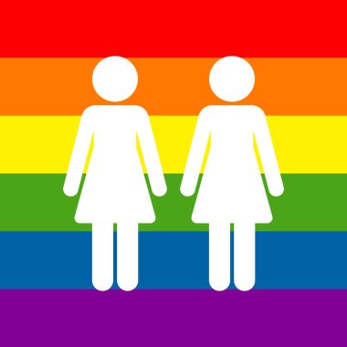 Arka planda LGBTQ 6 renk gökkuşağı olan kadınlar