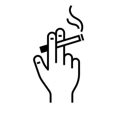 İki parmağın arasında yanan sigarayı tutan el, yanan uçtan yükselen duman, siyah beyaz çizim tarzı.