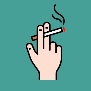 El, iki parmak arasında yanan bir sigara tutarken, kırmızı uçtan yükselen duman renkli çizim tarzında.