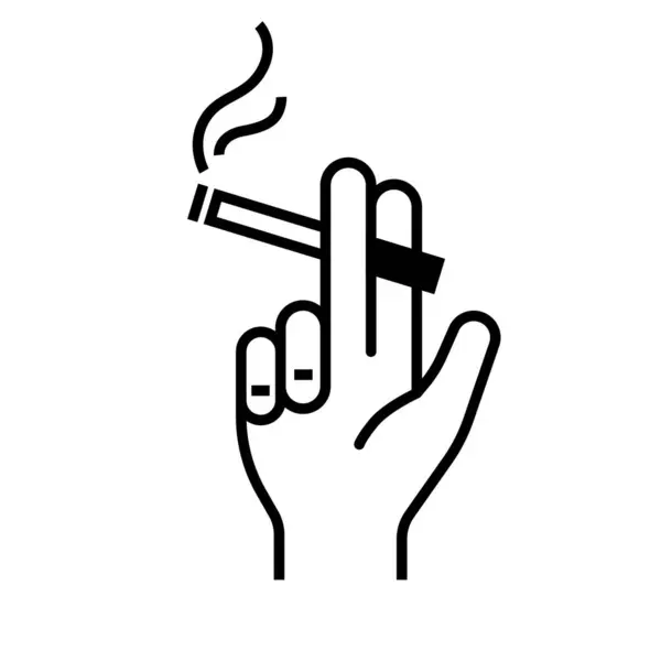 stock vector hand holding a lit cigarette between two fingers, with smoke rising from the burning tip outline black and white outline style